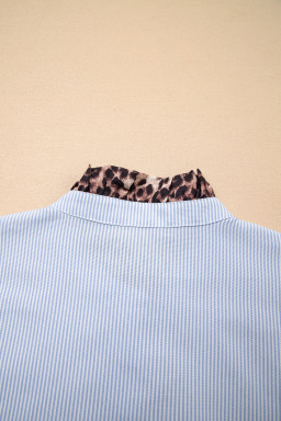 Sky Blue Stripe Ruffled Leopard Patchwork Long Sleeve Button Down Loose Shirt