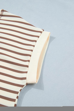 Khaki Stripe Half Buttons Round Neck T Shirt