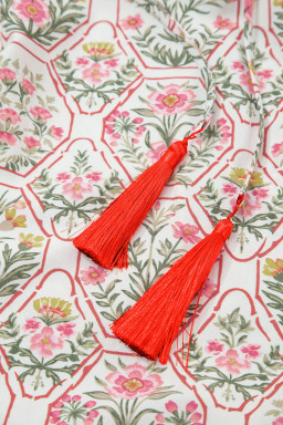 Pink Floral Print Tassel Tie V Neck Scalloped Detail Loose Mini Dress