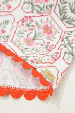 Pink Floral Print Tassel Tie V Neck Scalloped Detail Loose Mini Dress