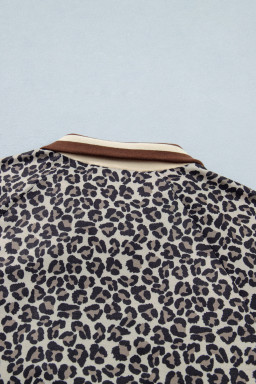 Khaki Leopard Print Half Zip Striped Trim Patchwork Short Sleeve Top