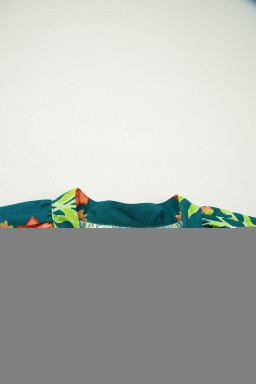 Green Floral Print Contrast Trim Striped Patchwork Short Sleeve Dress