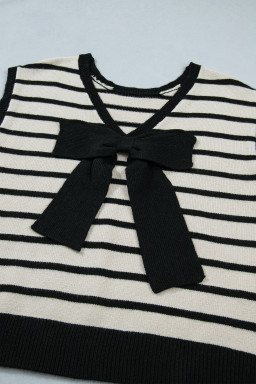 Black Stripe Bow Applique Short Sleeve Sweater