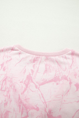 Pink Abstract Print V Neck Loose Tee Drawstring Shorts 2pcs Outfit