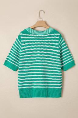 Green Stripe Short Sleeve Knit V Neck Bow Knot Sweater
