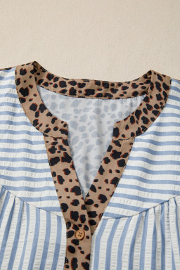 Sky Blue Stripe Leopard Trim V Neck Button Down Half Sleeve Shirt