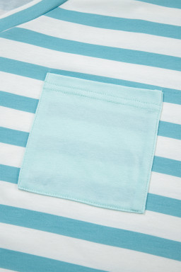 Sky Blue Stripe V Neck Patched Pocket Casual T Shirt