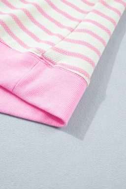 Pink Stripe Ruffled Short Sleeve Patchwork Blouse
