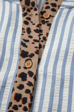 Sky Blue Stripe Leopard Trim V Neck Button Down Half Sleeve Shirt