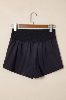 Black Solid Color Ribbed Patchwork High Waist Athletic Shorts