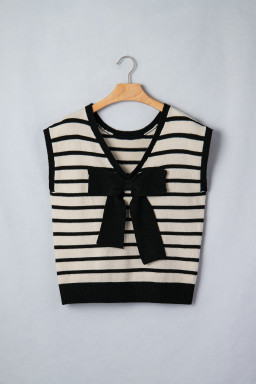 Black Stripe Bow Applique Short Sleeve Sweater