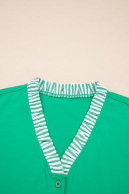 Dark Green Plus Size Button Front Ruffled Stripe Trim V Neck Flutter Sleeve Blouse