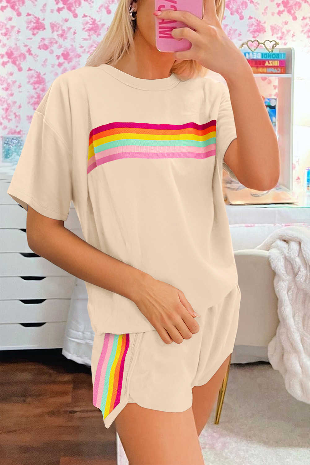 Beige Vibrant Striped Detail Athleisure 2pcs Short Set