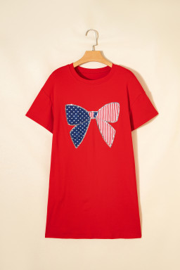 Fiery Red Sequin Trim Stars and Stripes Bow Patched T Shirt Mini Dress