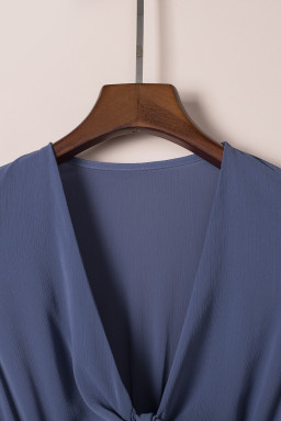 Blue Deep V Neck Self-tie Knotted Front Layered Flare Mini Dress