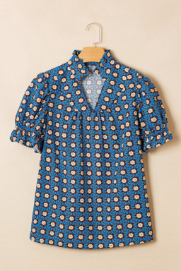 Sky Blue Retro Floral Print V Neck Pleated Detail Short Puff Sleeve Blouse