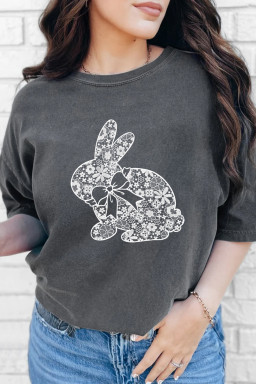 Gray DTF Imitate Lace Easter Rabbit Printed Tee