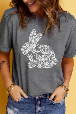 Gray DTF Imitate Lace Easter Rabbit Printed Tee