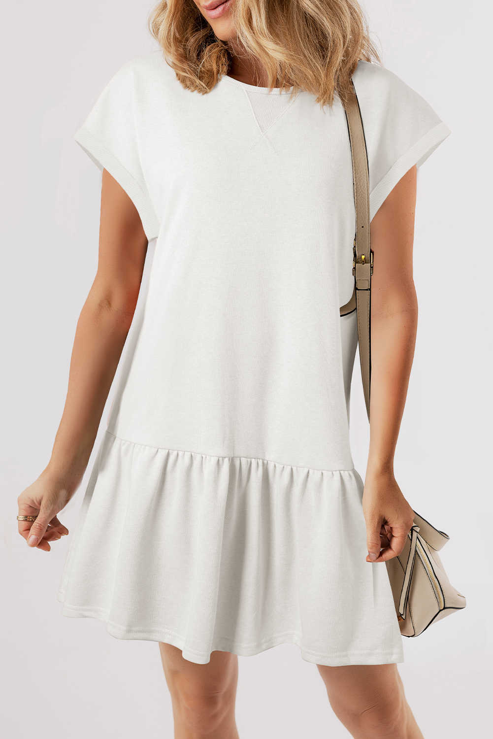 White Solid Color Cap Sleeve Drop Waist T Shirt Dress