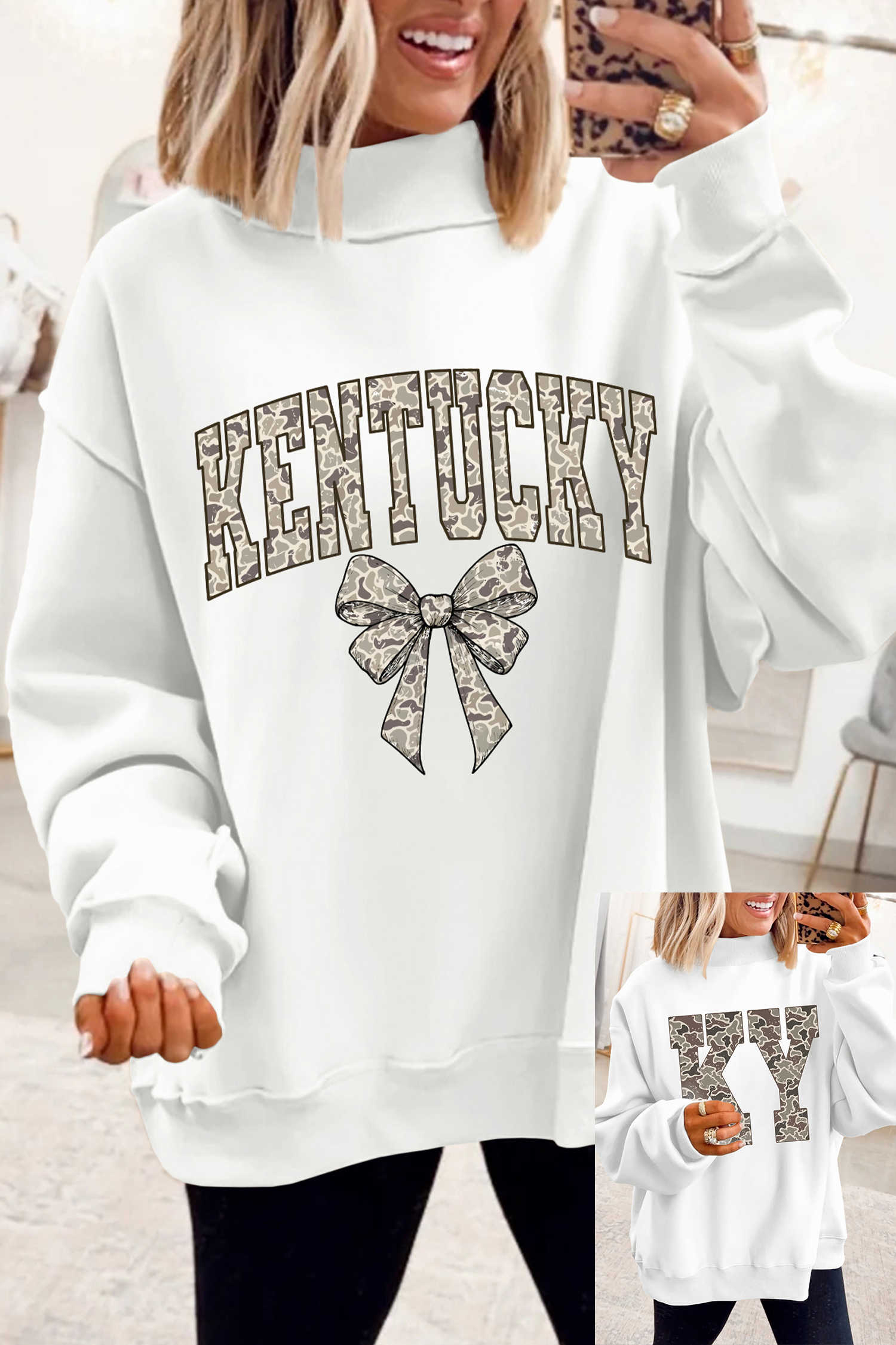 White Camo Letter Bow Printed KENTUCKY Mock Neck Reversible Sweatshirt