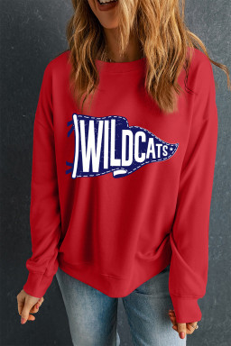 Red WILDCATS Pennant Printed Casual Pullover Sweatshirt