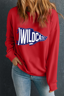 Red WILDCATS Pennant Printed Casual Pullover Sweatshirt