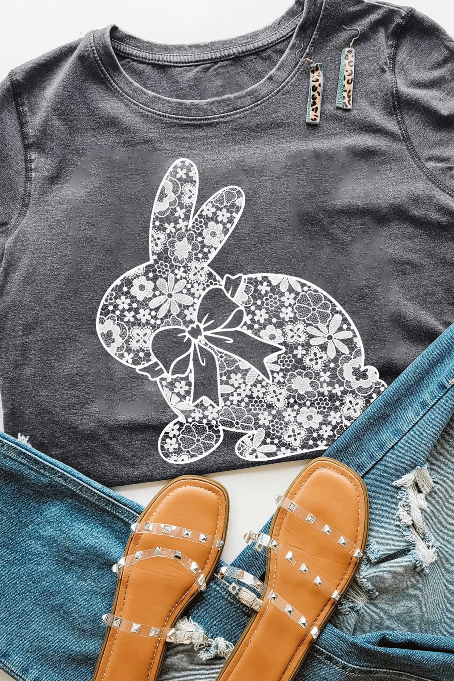Gray DTF Imitate Lace Easter Rabbit Printed Tee