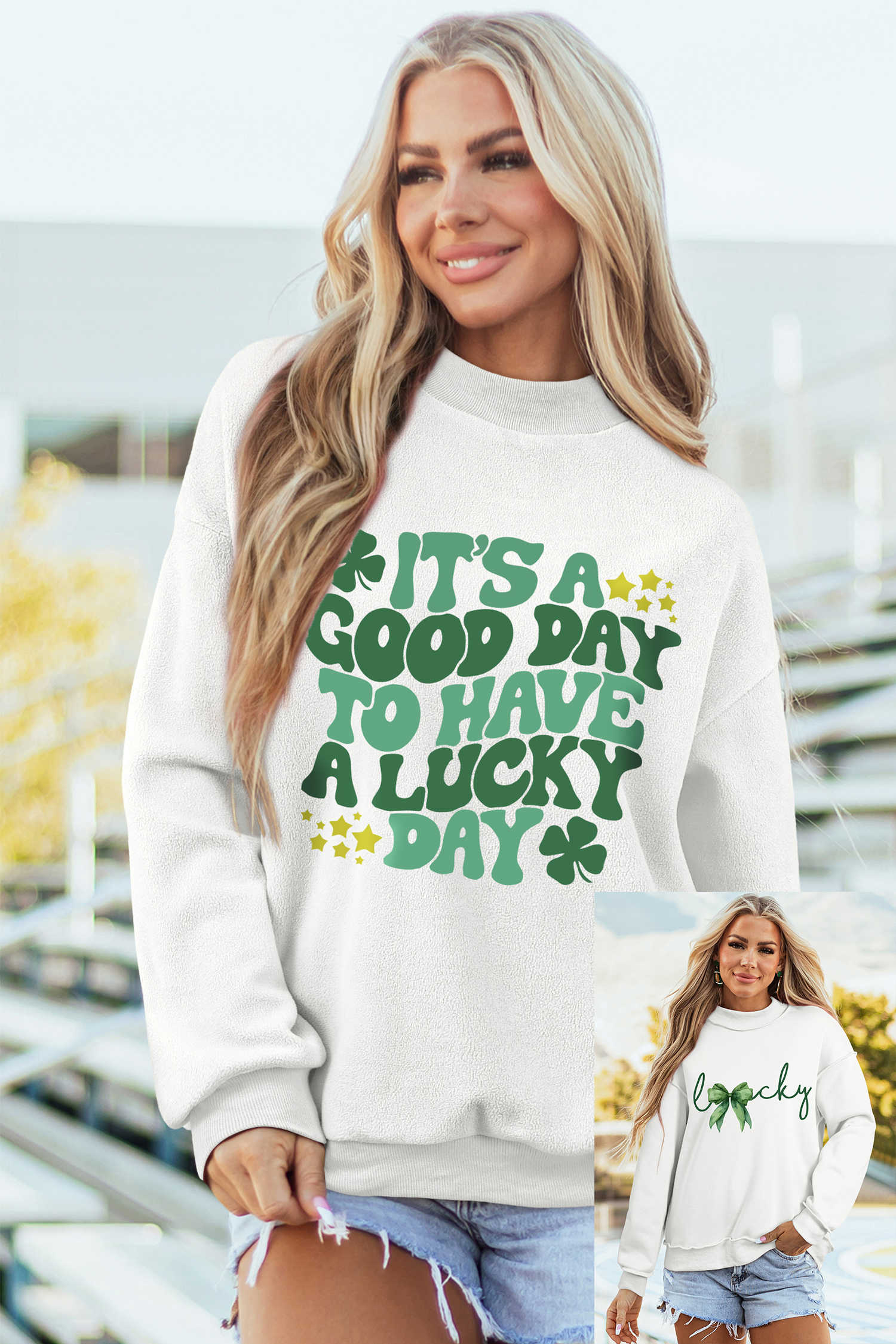 White Reversible Lucky Print St Patrick Day Graphic Sweatshirt