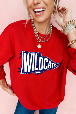 Red WILDCATS Pennant Printed Casual Pullover Sweatshirt