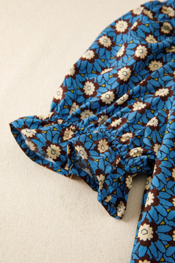 Sky Blue Retro Floral Print V Neck Pleated Detail Short Puff Sleeve Blouse