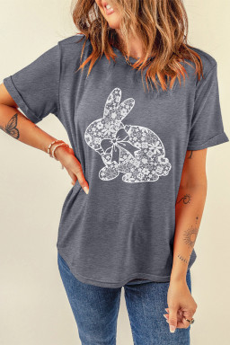 Gray DTF Imitate Lace Easter Rabbit Printed Tee