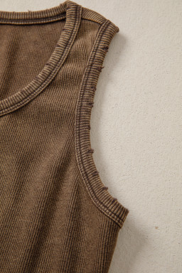 Coffee Vintage Distressed Ribbed Mineral Wash Tank Top