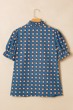 Sky Blue Retro Floral Print V Neck Pleated Detail Short Puff Sleeve Blouse