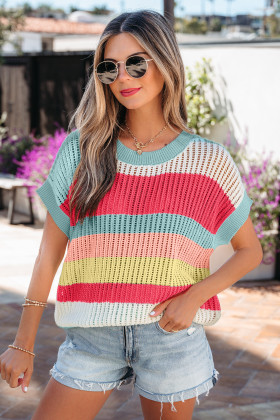 Green Stripe Short Sleeve Sweaters