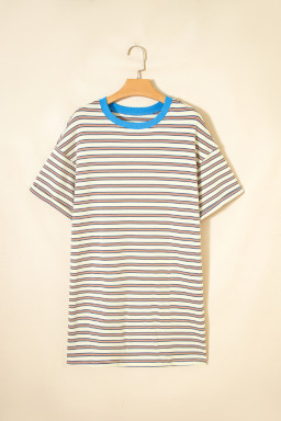 White Stripe Drop Shoulder Cuffed Sleeve Loose Tunic T Shirt Mini Dress