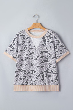 Gray Camouflage Print Twisted Ribbed Patchwork Casual T Shirt