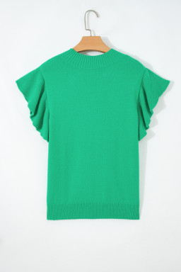 Bright Green Solid Color Ribbed Trim Round Neck Ruffle Short Sleeve Sweater
