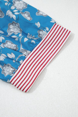 Blue Retro Floral Print Striped Trim Button Neck Short Sleeve Blouse