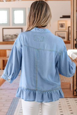 Beau Blue Half Sleeve Button Down Ruffled High Low Chambray Shirt