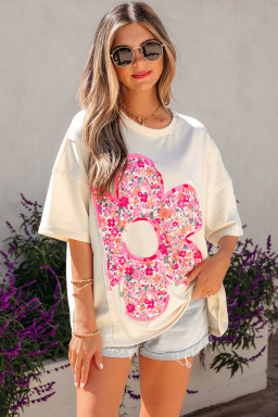 Jet Stream Floral Patched Raw Seam Big Flower Oversize Tee