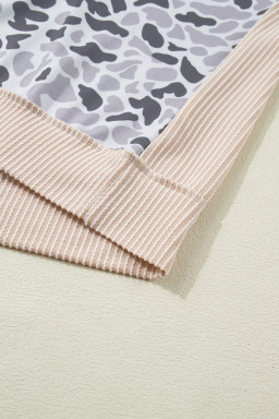 Gray Camouflage Print Twisted Ribbed Patchwork Casual T Shirt