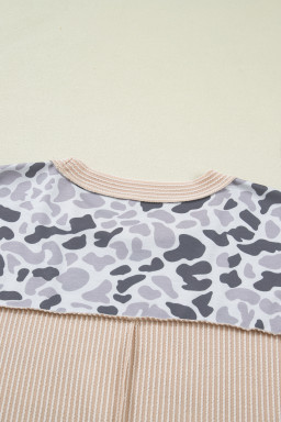 Gray Camouflage Print Twisted Ribbed Patchwork Casual T Shirt