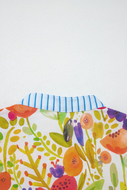 Rose Bright Floral Print Ricrac Trim Striped Patchwork V Neck Dress