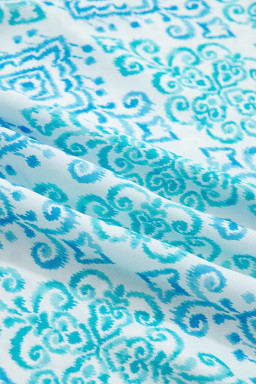 Sky Blue Boho Floral Geometric Patchwork Ruffle Detail Puff Sleeve Mini Dress