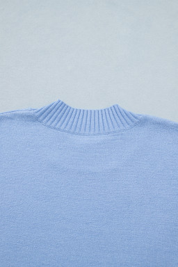 Beau Blue Solid Color Ribbed Trim Round Neck Ruffle Short Sleeve Sweater