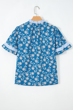 Blue Floral Print Button Tie Neck Striped Detail Short Sleeve Blouse