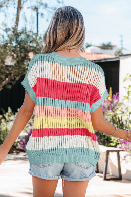 Green Stripe Color Block Hollow Out Knit Short Sleeve Sweater