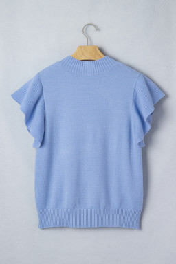 Beau Blue Solid Color Ribbed Trim Round Neck Ruffle Short Sleeve Sweater