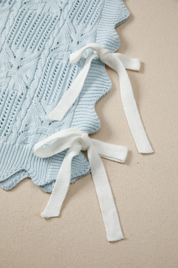 Beau Blue Pointelle Knit Patterned Scalloped Trim Short Sleeve Sweater