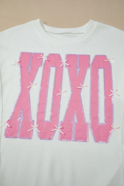 White Bow Sequin XOXO Letter Graphic Exposed Seam Baggy Sweatshirt
